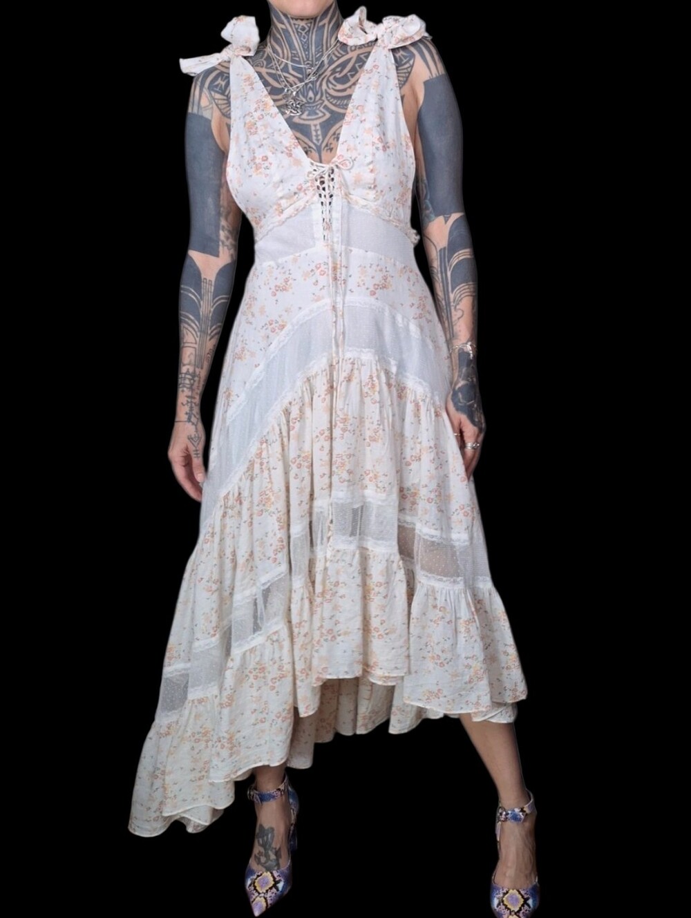 Kimchi Blue Asymmetrical Floral Lace Tiered High Low Halter Dress Cottagecore